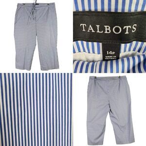 Talbots Crop Pants Womens Size 14 P Petite Seersucker Blue White Stripe Cotton